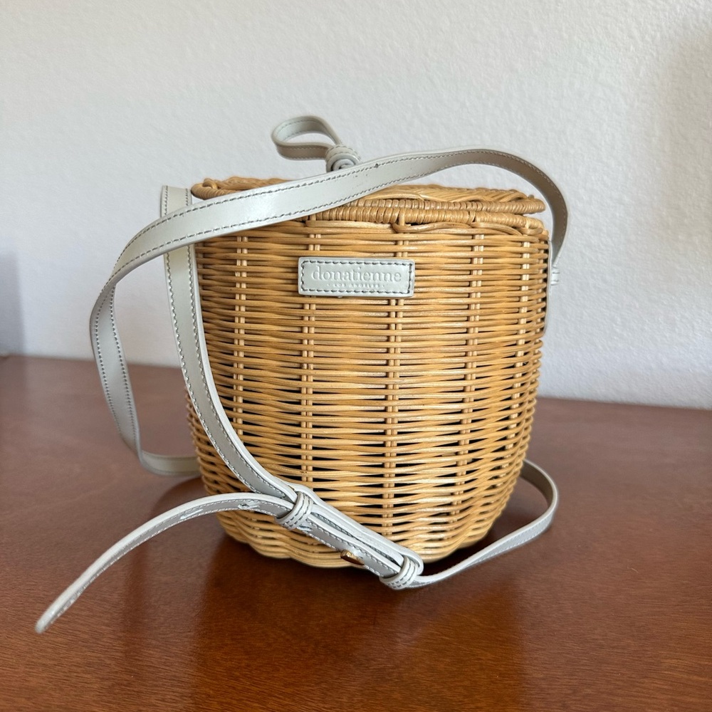 Donatienne Woven Bucket Bag with Blue Leather Strap